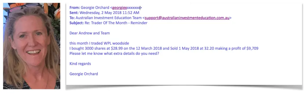 A smiling woman is pictured beside her testimonial email, where she shares her success trading Woodside shares after learning with Australian Investment Education.