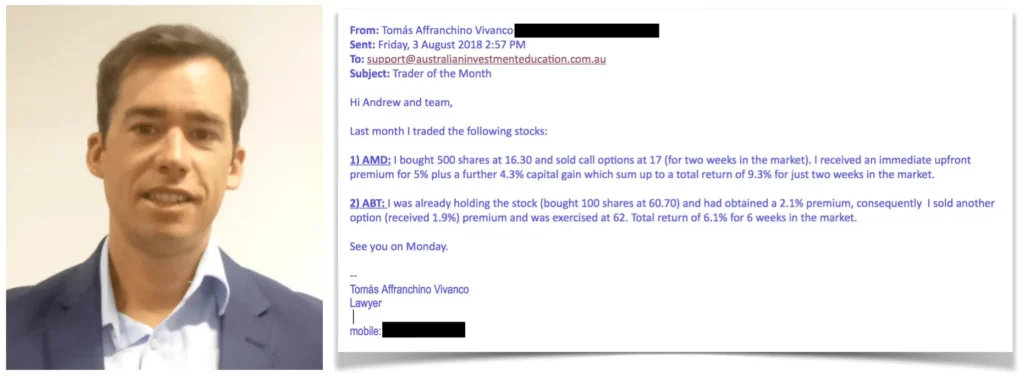 A man in a suit smiles beside his testimonial email where he shares his successful trades in AMD and ABT using strategies learned with Australian Investment Education.