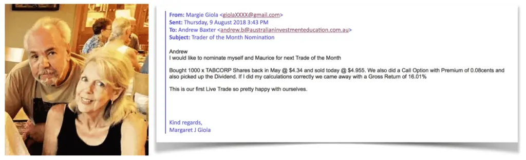 Margie and Maurice are featured in Australian Investment Education’s Trader of the Month, showcasing their successful trade results.
