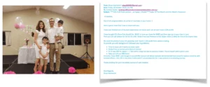 Photo of a smiling family (man, woman, and two young boys) dressed in white, next to an email from Ehsan Kashanchi detailing a 12% profit from an options trade.