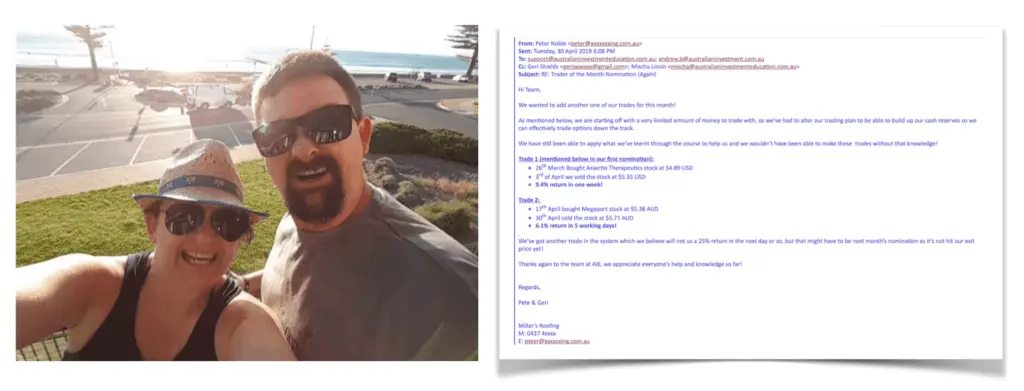 A happy couple enjoying the outdoors with an email testimonial overlay, highlighting Australian Investment Education’s mission