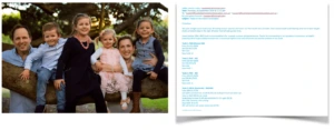 A family of five, a father, a mother, and three young children, sitting together on a large tree branch next to a teal-colored resignation email.