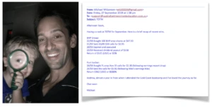 A collage featuring a man and a child with a magnifying glass next to an email from "Michael Witteveen" discussing stock trading performance for the "TOTM" portfolio.