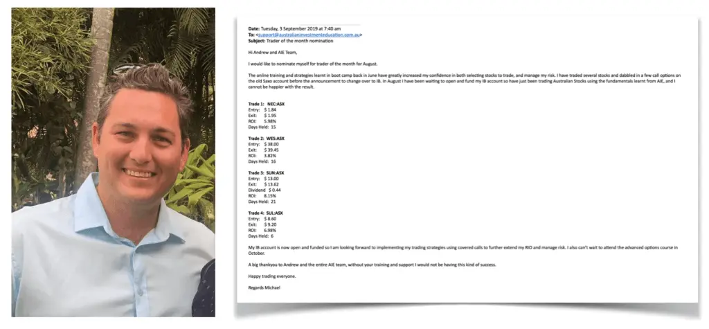 Recognized as Trader of the Month August 2019 with Australian Investment Education, showcases his trading success through strategies learned at AIE.