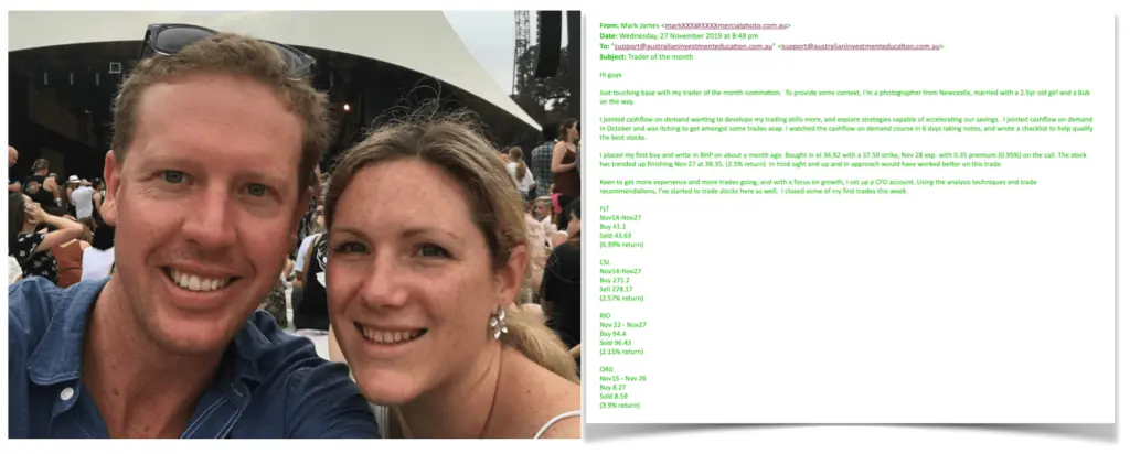 A couple smiles in a selfie at an outdoor event. Beside them is a testimonial email describing how Australian Investment Education’s Cashflow on Demand strategy helped him achieve his first profitable trades.