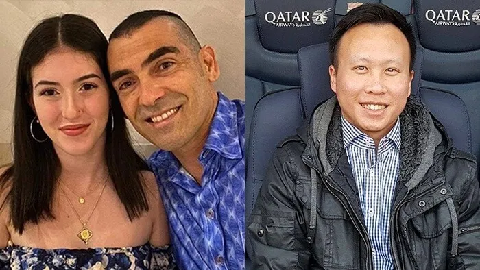A collage featuring two men: one posing with a young woman in an indoor setting and another smiling while seated in the dark blue seats of the FC Barcelona stadium.