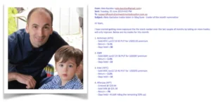 Photo of a smiling man, Alex Kacelev, with a young boy, next to an email detailing four trades on ATVI, EBAY, INTC, and APT with returns up to 7%.