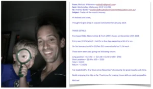 Photo of a smiling man, Michael Witteveen, with a young boy holding a magnifying glass, next to an email detailing a covered call trade on Abercrombie & Fitch (ANF) with a 13.02% return.