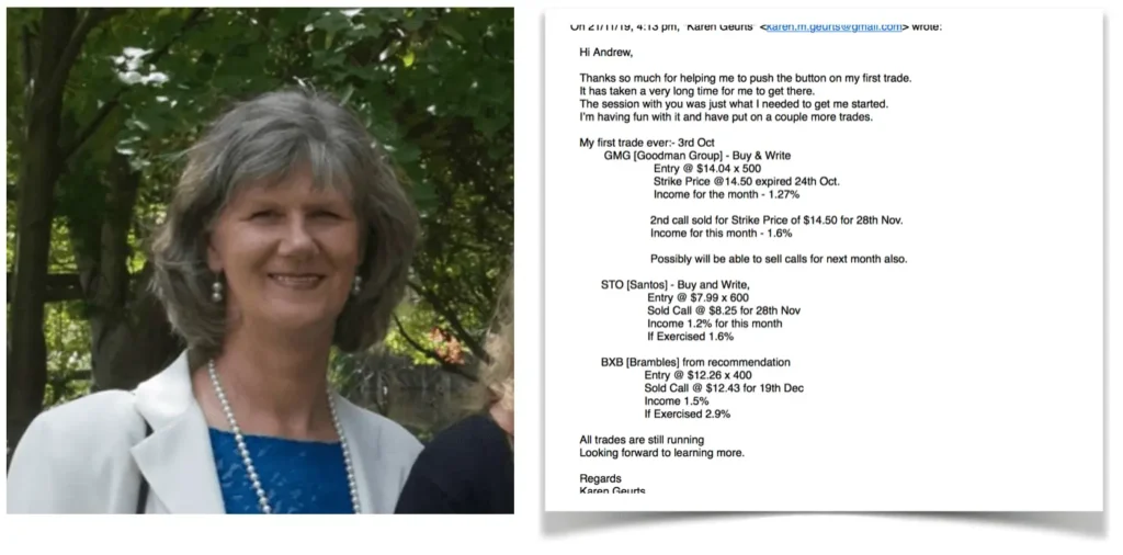 A woman smiling outdoors beside a testimonial email about her first profitable covered call trades with Australian Investment Education.